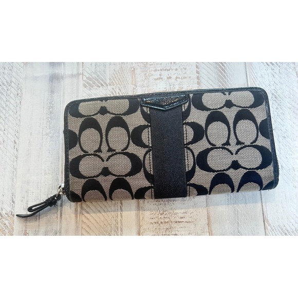 Coach Signature Monogram Zip Around Wallet Black Tan Canvas Leather Wristlet - Picture 4 of 9